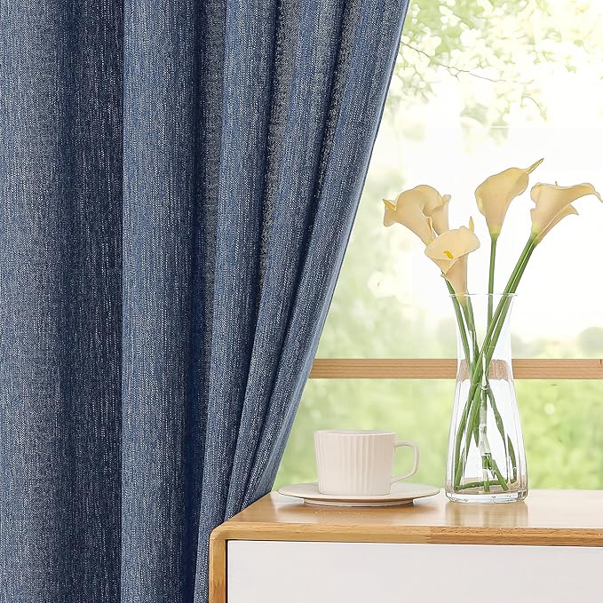 Simplebrand Navy Blue Semi Sheer Faux Linen Textured 120 Inches Long Curtains 2 Panels Set, Privacy Farmhouse Window Drapes for Living Room/Birthday Party/Hallway Window Guest Room, 50 x 120 Inch