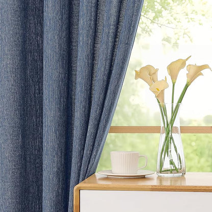 Simplebrand Navy Blue Semi Sheer Faux Linen Textured 120 Inches Long Curtains 2 Panels Set, Privacy Farmhouse Window Drapes for Living Room/Birthday Party/Hallway Window Guest Room, 50 x 120 Inch