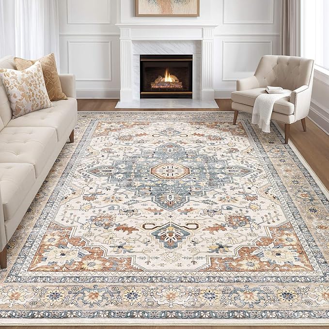 10x12 Area Rug Living Room: Washable Boho Large Neutral Vintage Soft Rugs Stain Resistant Distressed Farmhouse Non-Slip Indoor Floor Carpet for Bedroom Nursery Kids Office Dining Room- Beige Blue