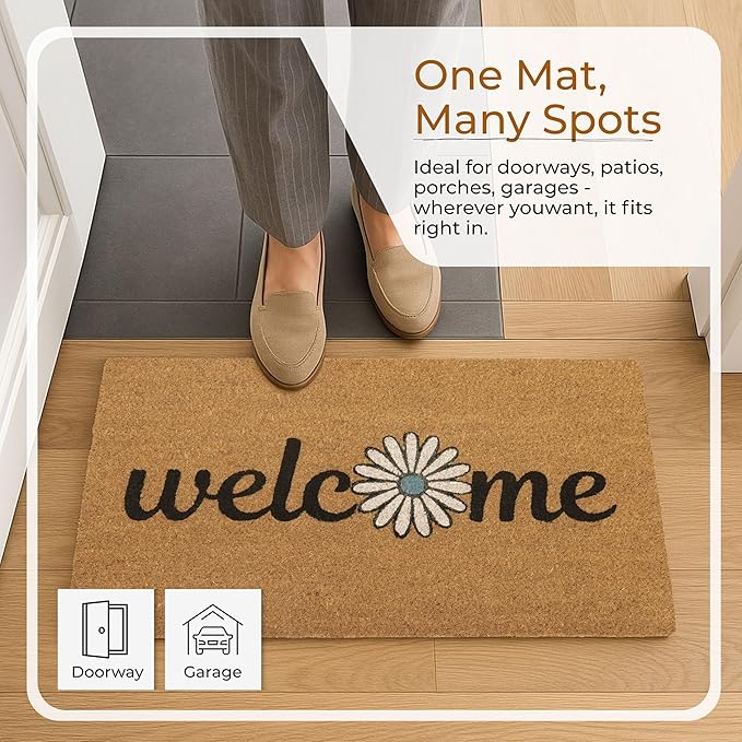 Coir Door Mats 17" X 30", Non-Slip Sturdy, PVC Backed Heavy Duty, Easy to Clean, Ideal for Door Entrance, Patio, Porch, Backyard, Garages, Welcome with Blue Daisy
