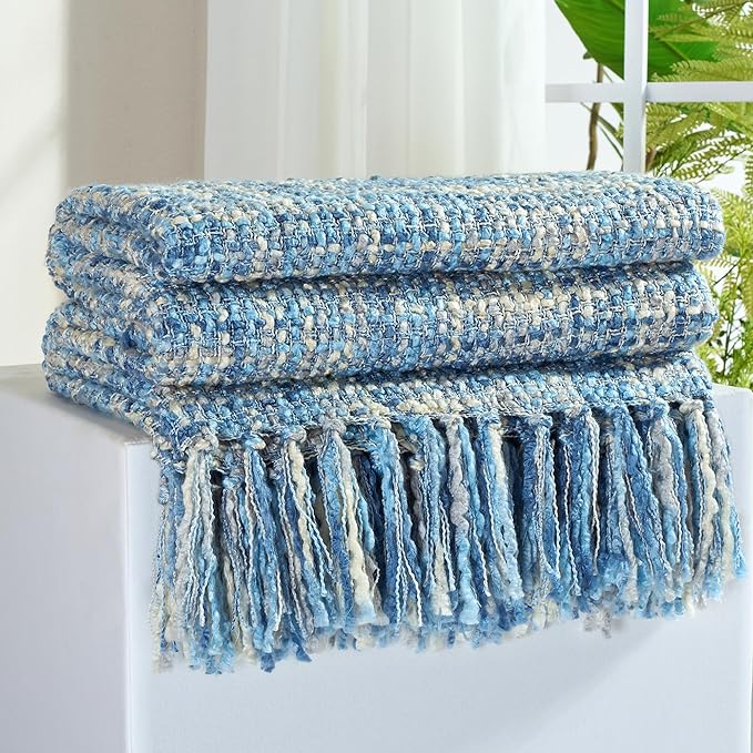 Multi-Color Light Blue Cable Knitted Throw Blanket for Couch,60"X80" Boho Style Textured Blankets for Home Decor,Super Soft Warm Cozy Chunky Knit Blanket with Decorative Tassels for Bed
