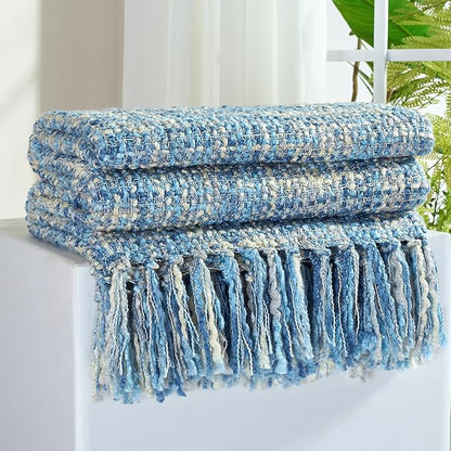 Multi-Color Light Blue Cable Knitted Throw Blanket for Couch,60"X80" Boho Style Textured Blankets for Home Decor,Super Soft Warm Cozy Chunky Knit Blanket with Decorative Tassels for Bed