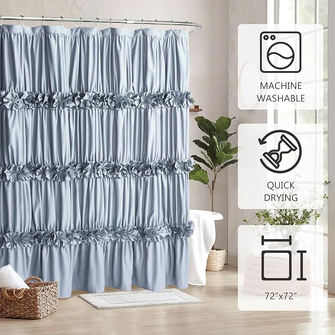 Fog Blue Ruffle Shower Curtain, Vintage Handcrafted Bow Tie Bath Curtain - Image 5