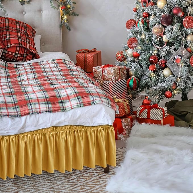 Biscaynebay Wrap Around Bed Skirts for King & Cal King Beds Short Drop of 12", Gold Adjustable Elastic Dust Ruffles Easy Fit Wrinkle Resistant Silky Luxurious Fabric Machine Washable