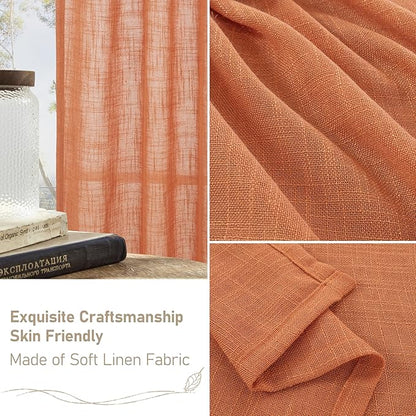 LAMIT 95 Inches Long Linen Curtains for Living Room, Back Tab and Rod Pocket Semi Sheer Curtains Light Filtering Farmhouse Drapes for Bedroom/Dining Room, Burnt Orange, Set of 2, 52 x 95 Inch