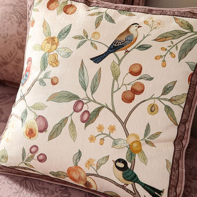 Square Pink Farmhouse Throw Pillow Covers, Birds and Flowers Pattern Cozy Velvet Pillowcases,Decoration Pillows Cushion Covers for Couch Sofa Bed Car Chair,18"x18"