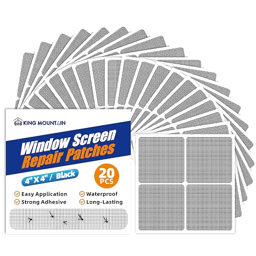 KING MOUNTAIN 20 Sheets Black Window Screen Repair Patches, 4×4 in Window by ForABetterHomeLife