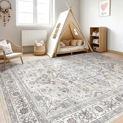 9x12 Area Rug Living Room: Washable Boho Large Neutral Vintage Soft Rugs Stain Resistant Farmhouse Non Slip Indoor Floor Carpet for Bedroom Nursery Kids Playroom Office Dining Room Home- Ivory Gray