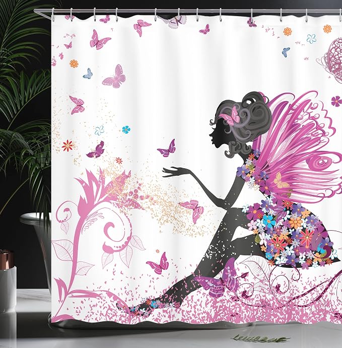 Ambesonne Fantasy Shower Curtain, Spring Girl Wings in a Floral Dress Surreal - Image 3
