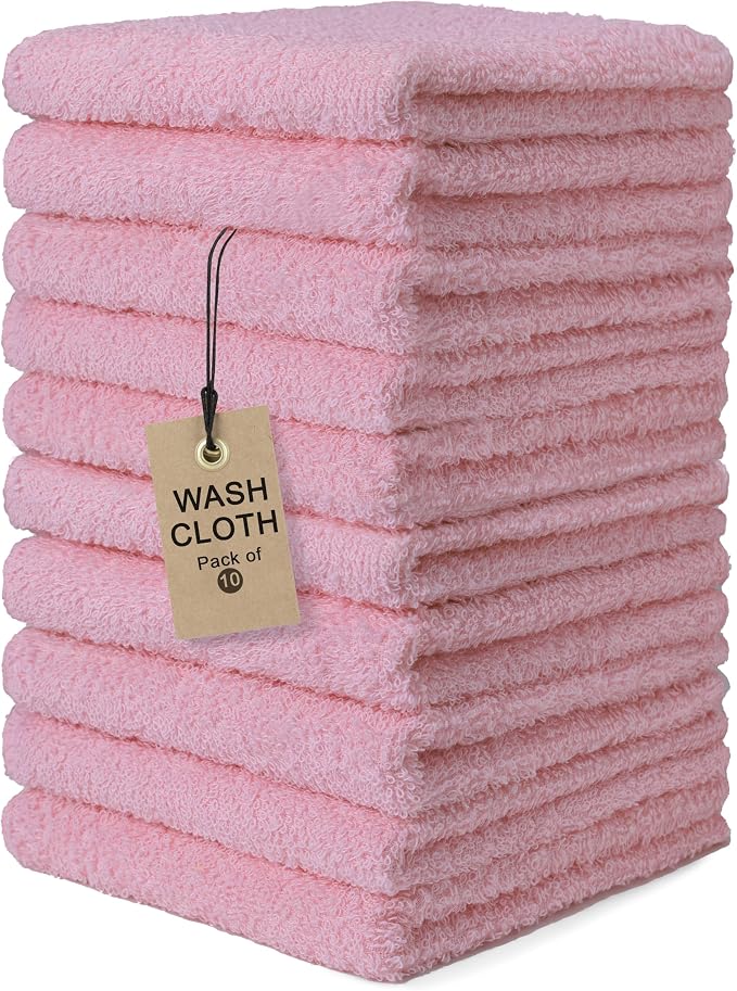 Textila Terry Wash Cloths – Pack of 10, Baby Pink, 12x12 Inches – Soft by TEXTILA
