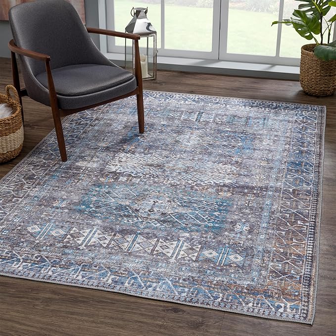 Bloom Rugs Washable 8' x 10' Rug - Slate Gray/Blue Traditional Area Rug for Living Room, Bedroom, Dining Room, and Kitchen - Exact Size: 8' x 10'