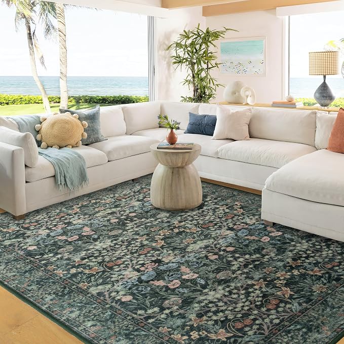 8x10 Washable Area Rug for Living Room, Large Vintage Dark Green Floral Rugs - Image 4