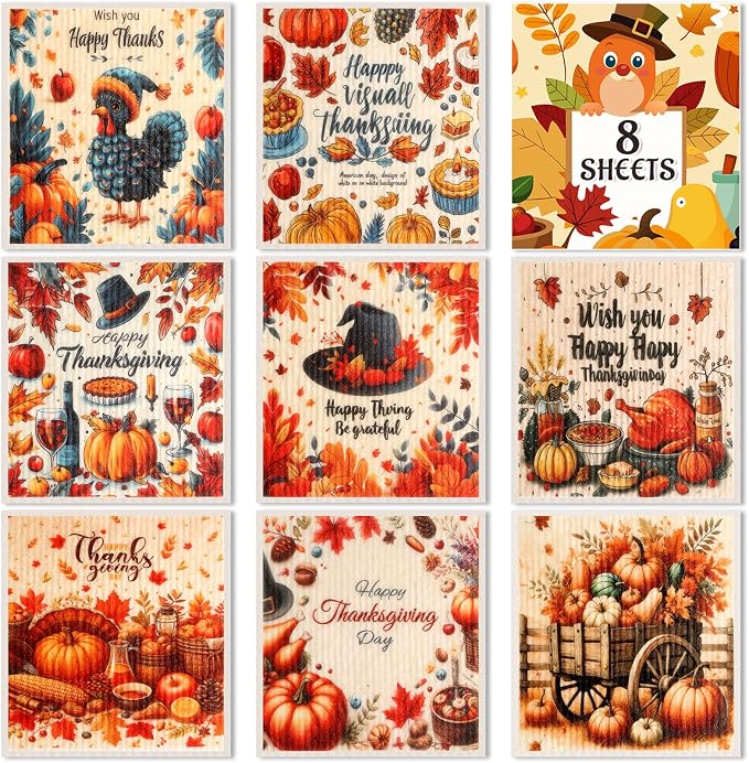 Lucomb 8 Pack Thanksgiving Swedish Dishcloths by Lucomb