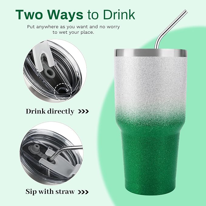 D·S 30 oz Tumbler Christmas Green Glitter Gradient Cup Stainless Steel Double - Image 3