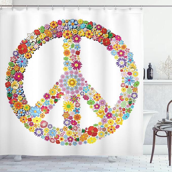 Ambesonne Groovy Shower Curtain, Floral Peace Sign Summer Spring Blooms Love by Ambesonne