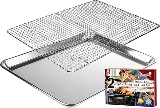 KITCHENATICS Aluminum Jelly Roll Pan 15x10 and Stainless Steel Rack Set by KITCHENATICS