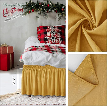 Biscaynebay Wrap Around Bed Skirts for King & Cal King Beds Short Drop of 12", Gold Adjustable Elastic Dust Ruffles Easy Fit Wrinkle Resistant Silky Luxurious Fabric Machine Washable