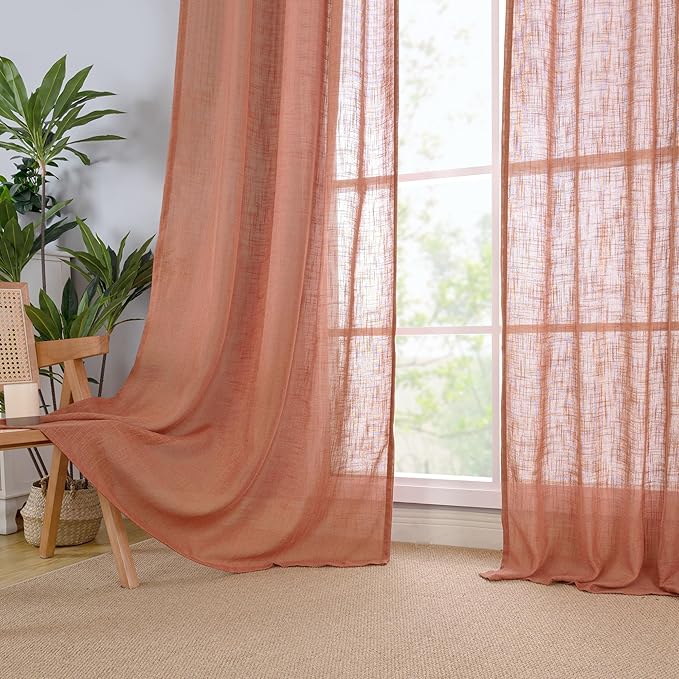 LAMIT Terracotta Linen Curtains for Bedroom, 84 Inch Length Light Filtering Semi Sheer Panels Back Tab and Rod Pocket Fall Decor Drapes for Living Room, 2 Panels, 34 x 84 Inch
