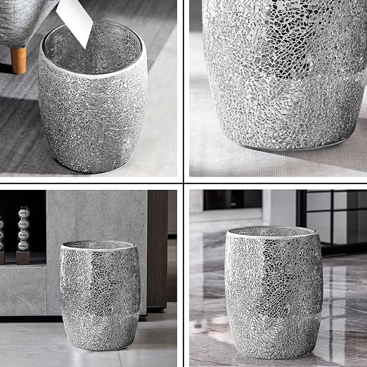 Escenzy Modern Bathroom Trash Can Silver Mosaic Glass 5L | 7" x 10" | Luxury - Image 3