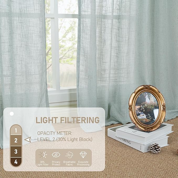 LAMIT Semi Sheer Linen Curtains 48 Inch Length, Light Filtering Panels Back Tab and Rod Pocket Neutral Drapes for Kitchen/Window/Loft Room, Greyish Blue, 2 Panels, 34 x 48 Inch