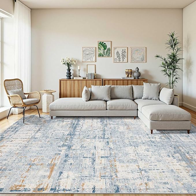9x12 Area Rug for Living Room, Extra Large Washable Rug, Soft Blue Abstract Rug by Rugxara