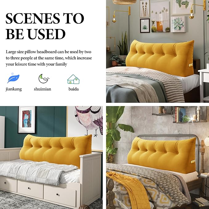 Bed Wedge Headboard Pillow - College Dorm Reading Pillow Back Support While Sitting in Bed - Ergonomic Lumbar Pillow Body Positioning Bed Pillow - Velvet Golden Yellow 39IN