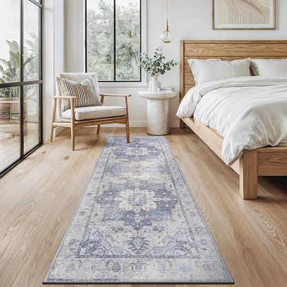 Bloom Rugs Washable Non-Slip 12 ft Runner - Blue/Sand Traditional Medallion Runner for Entryway, Hallway, Bathroom, and Kitchen - Exact Size: 2.5' x 12'