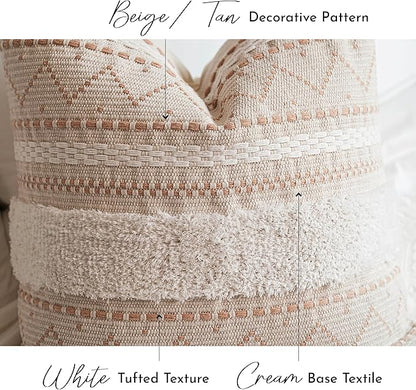 BlissBlush Decorative Throw Pillow Cover 20x20 Combo Set of 2 Square Cream Neutral White Boho Accent Pillowcase Tassels Farmhouse Cushion for Couch Sofa Bedroom Living Room Home Décor Cover ONLY