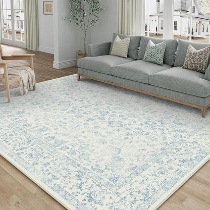 5x7 Blue Area Rug Non Slip Vintage Living Room Distressed Machine Washable Carpet Traditional Indoor Bedroom Blue Retro Floral Accent Throw Rug for Office Kitchen Dorm Dining Room