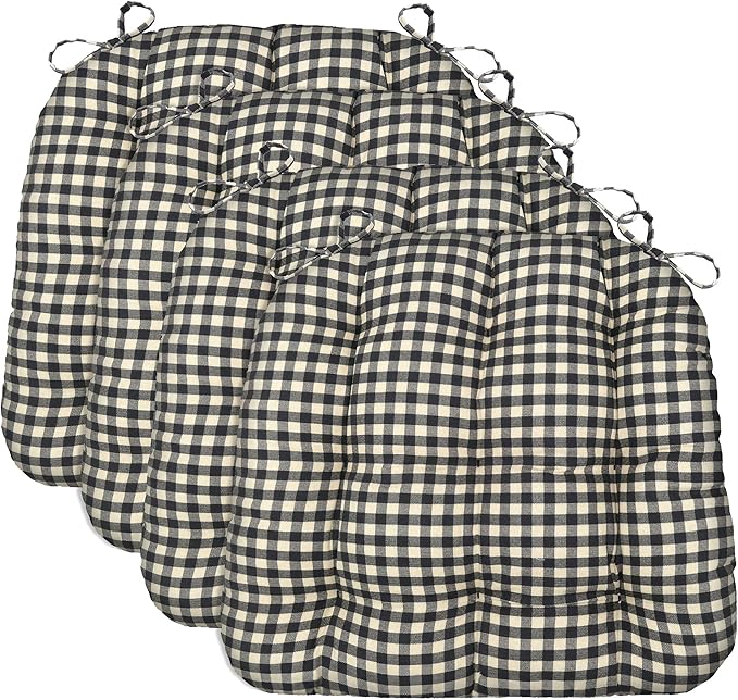 Barnett Home Decor Chair Cushions for Dining Chairs - 15x17 Kitchen Chair Cushions - Machine Washable, 100% Cotton, Made in USA - Latex Foam Chair Pads - Farmhouse Check Black and White Pack of 4