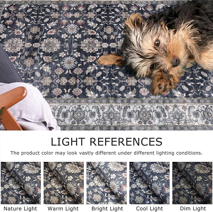 KUTA Vintage 8x10 Area Rugs for Living Room, Washable Large Rug for Bedroom 8ft x 10ft Non-Slip, Grey Black Beige Ultra Thin Soft Printed Traditional Floral Distressed Dining Room Low-Pile Carpet