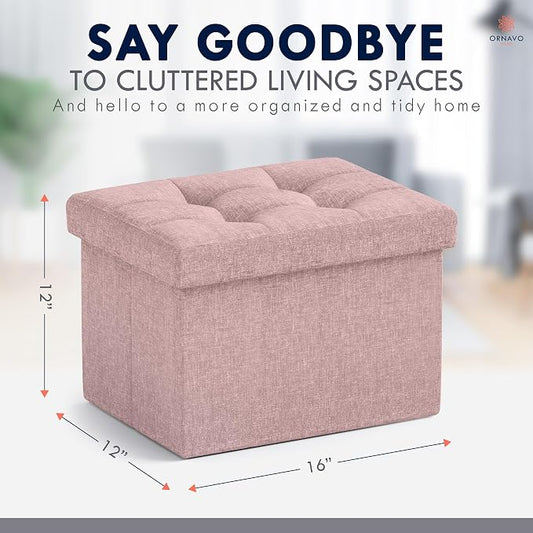 Ornavo Home Small Storage Ottoman Foldable Collapsible Rectangle Linen Ottoman - Image 2