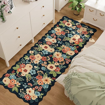 DUKINO 2.6x8 Runner Rug for Hallway, Washable Kitchen Rug with Non Slip Backing & Non-Shediing, Soft Low Pile Floral Design Runner for Bedroom, Kithchen, Living Room, Laundry, Bathroom, Navy Blue