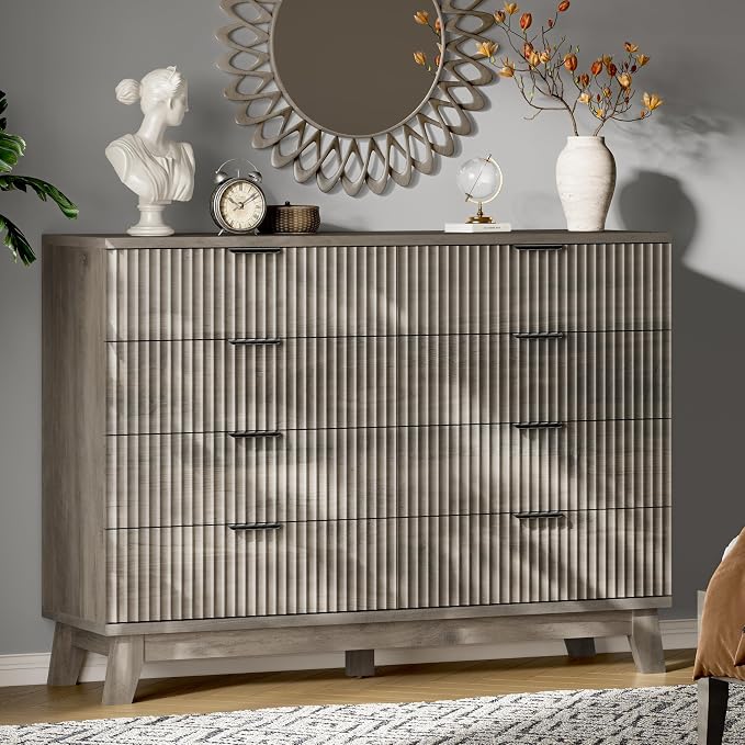 Fluted Dresser with 8 Drawers, Wooden Dresser TV Stand, Modern Closet Clothes by Xixini