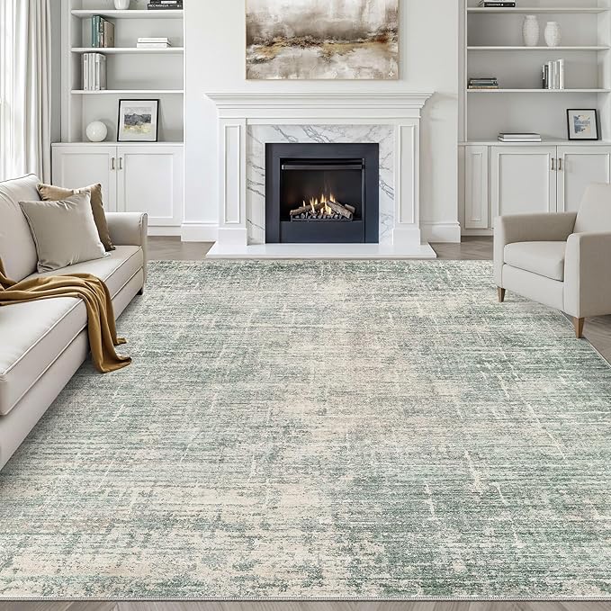 9x12 Area Rug Living Room: Washable Large Neutral Green Rugs Abstract Soft Modern Stain Resistant Indoor Floor Non-Slip Carpet for Bedroom Nursery Kids Office Playroom Dining Room Under Table Home