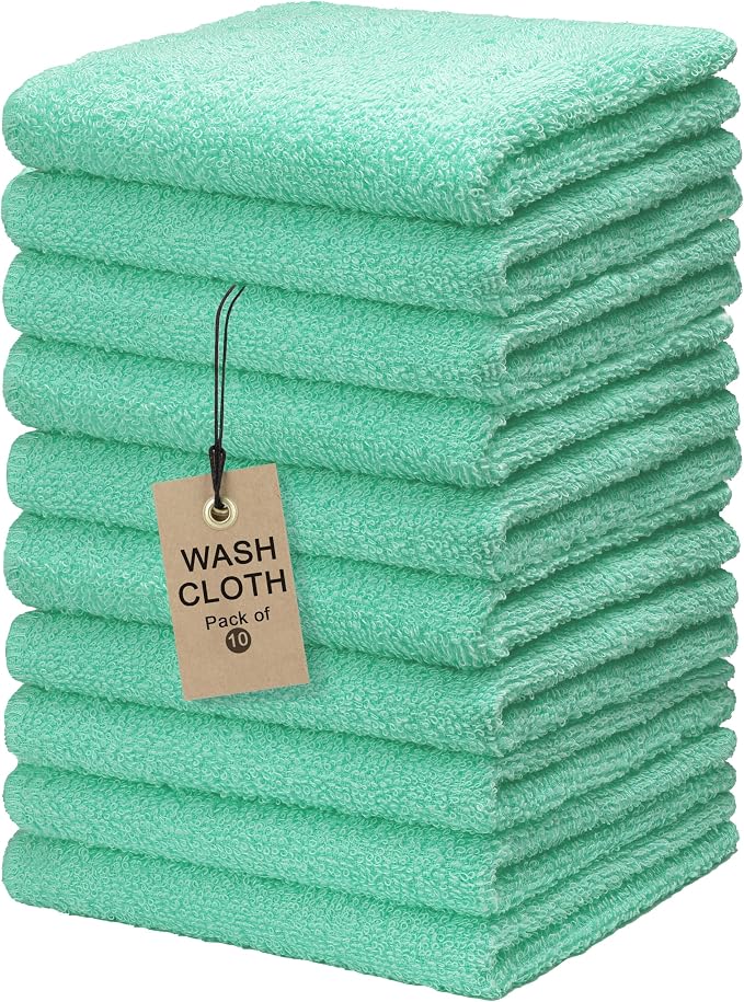 Textila Terry Wash Cloths – Pack of 10, Aqua Green, 12x12 Inches – Soft by TEXTILA