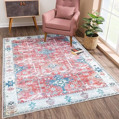Bloom Rugs Washable Non-Slip 6' x 9' Rug - Red/Blue Traditional Area Rug for Living Room, Bedroom, Dining Room, and Kitchen - Exact Size: 6' x 9'