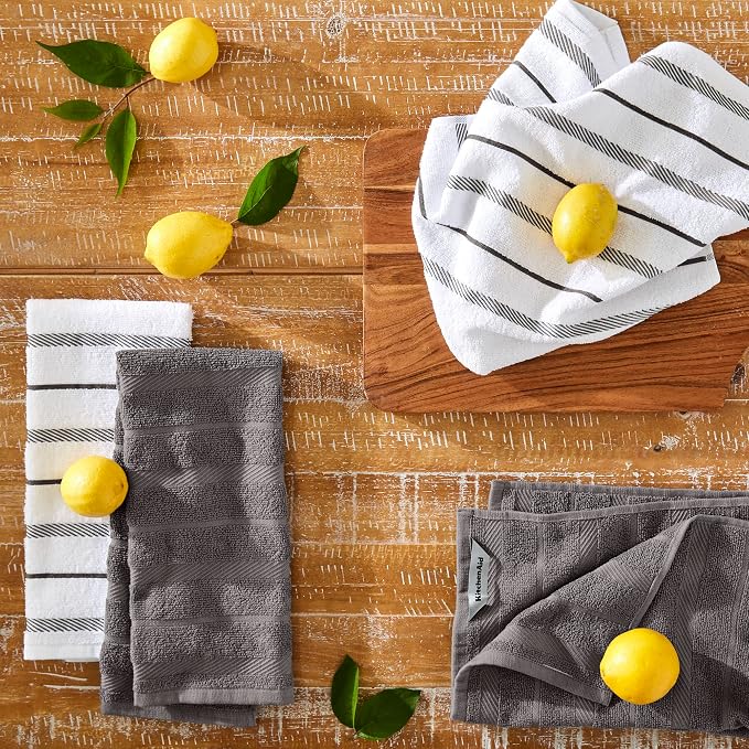 KitchenAid Albany Kitchen Towel 4-Pack Set, Charcoal Grey/White - Image 2
