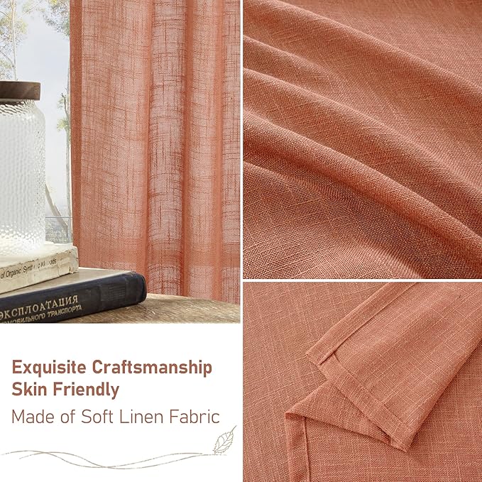 LAMIT Terracotta Linen Curtains for Bedroom, 84 Inch Length Light Filtering Semi Sheer Panels Back Tab and Rod Pocket Fall Decor Drapes for Living Room, 2 Panels, 34 x 84 Inch