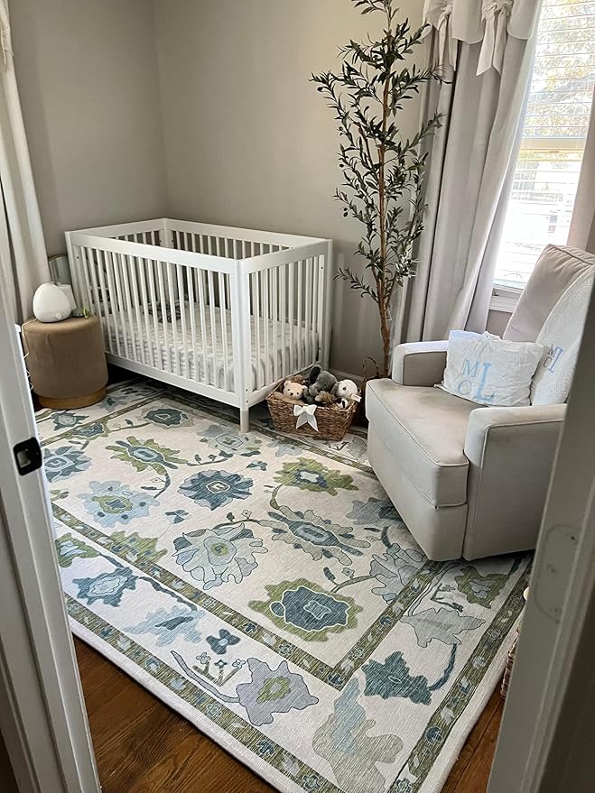 Fame Living Green Oushak Rug, Modern, Vintage, Turkish, Eclectic, Floral, Pastel, Washable, Area Rugs for Living Room, Dining, Bedroom, Office, Entryway, Foyer, Playroom, Nursery, 5'x6'9"