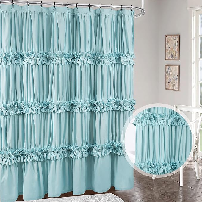 Spa Blue Ruffle Shower Curtain, Vintage Handcrafted Bow Tie Bath Curtain - Image 8