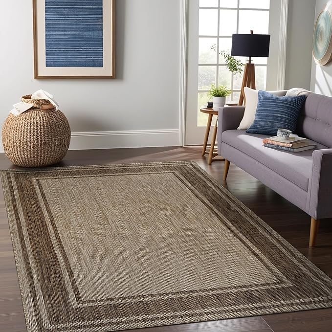 Beverly Rug Outdoor Rug 5x7 Modern Bordered Area Rugs for Indoor and Outdoor Patio Deck Porch Garden Waterproof Weather Sun Resistant Washable Outside Carpet (5 x 7 Jute)