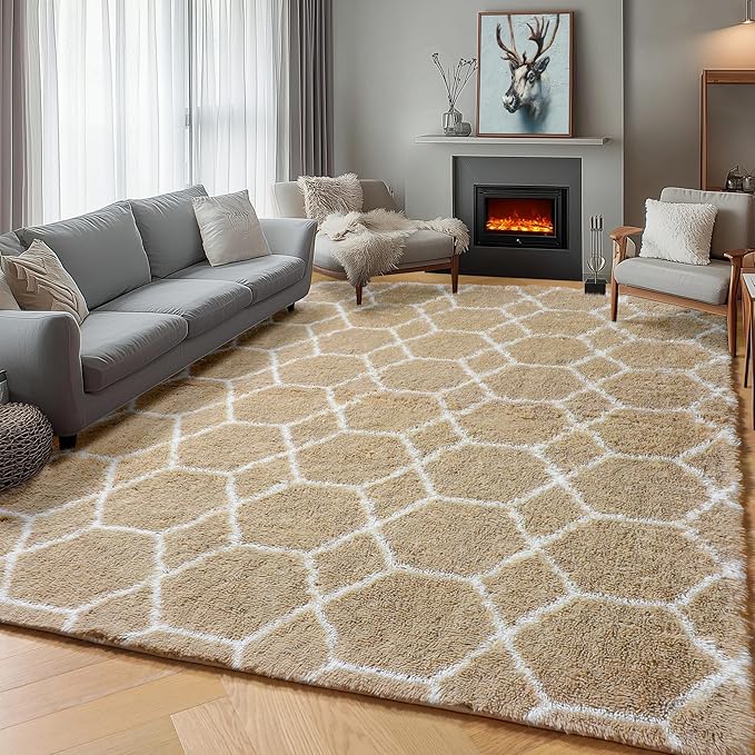 ONASAR Area Rugs for Bedroom Living Room, Washable 4x6 Fluffy Beige and White Throw Rug, Geometric Soft Shaggy Fuzzy Plush Indoor Floor Carpet for Kids Teen Nursery Dorm Office Home Decor Aesthetic