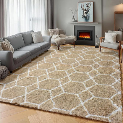 ONASAR Area Rugs for Bedroom Living Room, Washable 4x6 Fluffy Beige and White Throw Rug, Geometric Soft Shaggy Fuzzy Plush Indoor Floor Carpet for Kids Teen Nursery Dorm Office Home Decor Aesthetic