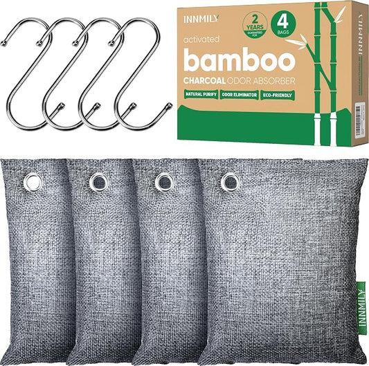 Activated Charcoal Odor Absorber, Large 4x200g w Hooks Nature Odor Eliminator by Innmily