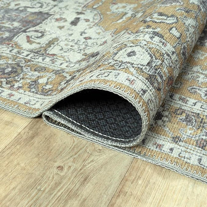 Bloom Rugs Washable Non-Slip 7 ft Runner - Yellow Traditional Medallion Runner for Entryway, Hallway, Bathroom, and Kitchen - Exact Size: 2.5' x 7'