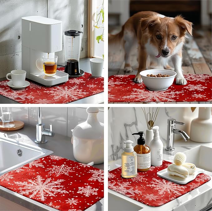 Christmas Dish Drying Mat for Kitchen Counter 18x24 Inch Red Snowflake Xmas - Image 7