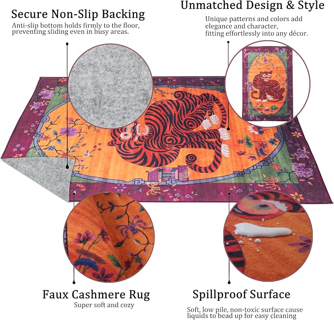 Vintage Tiger Rug Washable 10x8 ft Oriental Traditional Animal Print - Image 4