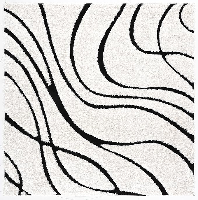 SAFAVIEH Florida Shag Collection Area Rug - 12' Square, Ivory & Black, Non-Shedding & Easy Cleaning, Plush Thick Pile, Ideal for Living Room, Bedroom, Dining Space (SG471-1290)