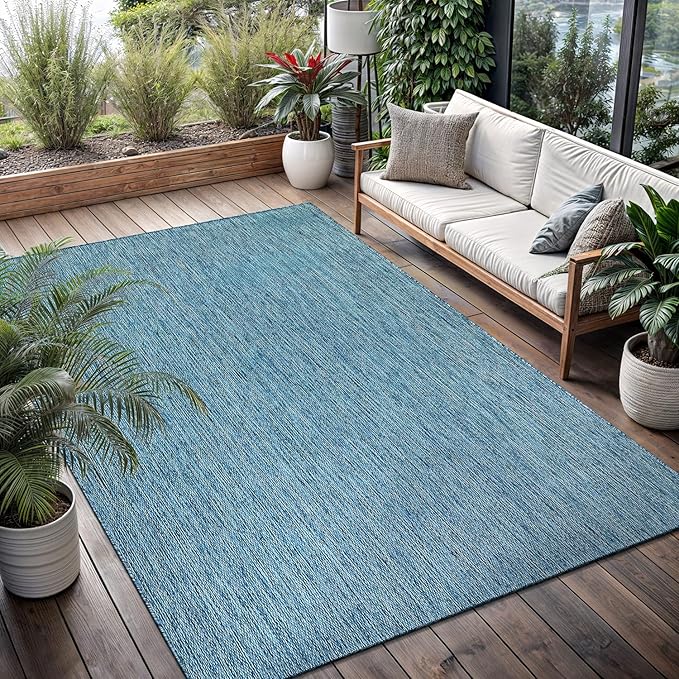 Washable Indoor Outdoor Rug Weather Resistant Carpet Modern Solid for Porch Deck Balcony Backyard Patio Rug 5x7 Aqua Blue